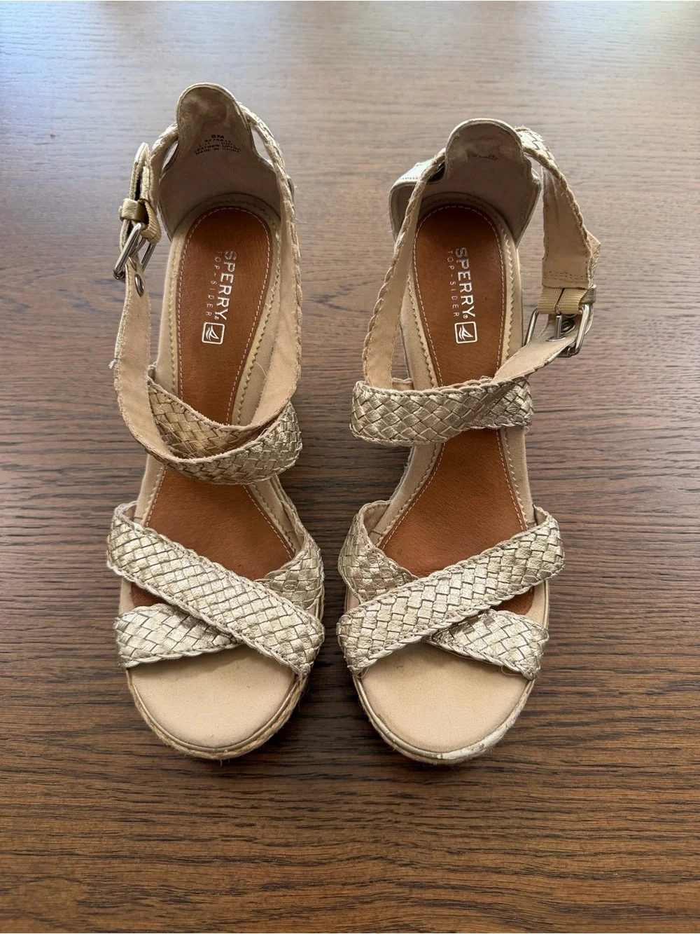 Sperry Women's Light Tan and Gold Braided Slingback Wedge Sandals